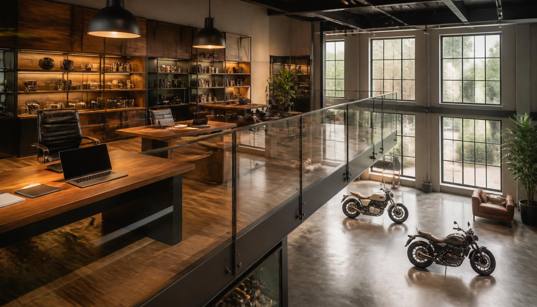 Equipa Studio Garage Select em reunião no mezzanine sobre o showroom de motas