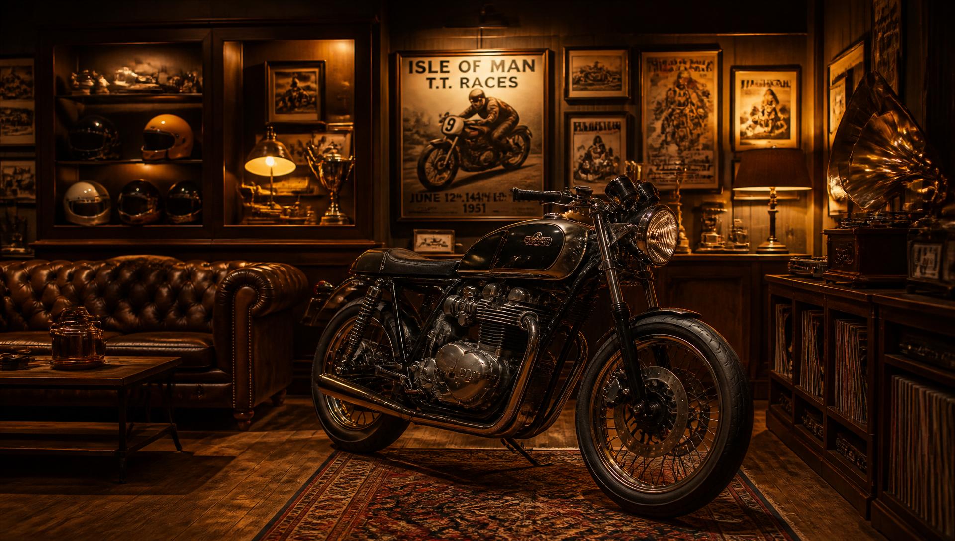 Sala de colecionador com mota clássica, sofá chesterfield, capacetes vintage e álbuns de corrida
