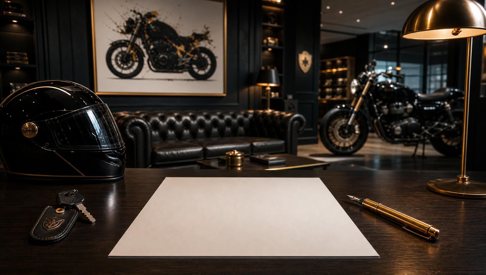 Escritório premium Studio Garage Select com mota, capacete, chave e documento sobre a secretária
